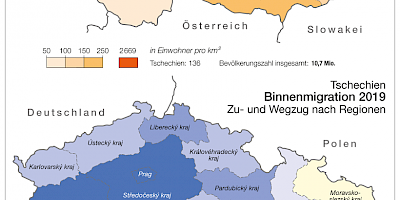 Karte: Tschechien: Bevölkerungszahl und Binnenmigration 2019