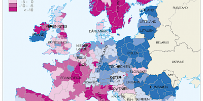 Karte: Entwicklung der Wirtschaftskraft in Europa 2008-2019 nach NUTS-2-Regionen