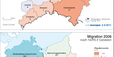 Karte: Deutsch-polnisches Grenzgebiet: Migration und Wirtschaftskraft