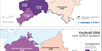 Karte: Deutsch-polnisches Grenzgebiet: BIP und Kaufkraft 2008