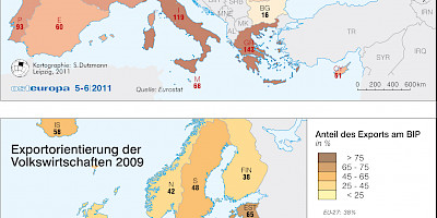 Karte: Europa: Staatsverschuldung und Exportorientierung 2010