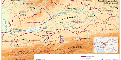 Karte: Zentralasien: Ferganatal mit dem Grenzgebiet zwischen Kyrgyzstan und Tadschikistan und der Exklave Voruch
