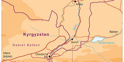 Karte: Zentralasien: Straße im Gebiet Batken (Kyrgyzstan) im Raum der tadschikischen Exklave Voruch
