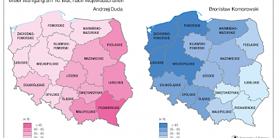 Karte: Polen: Präsidentschaftswahl 2015. Erster Wahlgang – Stimmanteile von A. Duda und B. Komorowski