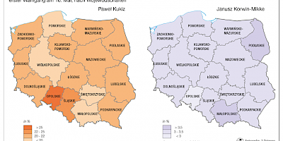 Karte: Polen: Präsidentschaftswahl 2015. Erster Wahlgang – Stimmanteile von P. Kukiz und J. Korwin-Mikke