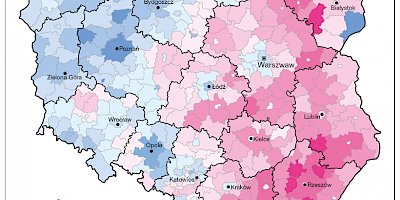 Karte: Polen: Präsidentschaftswahl 2015. Zweiter Wahlgang – Stimmanteile von A. Duda und B. Komorowski