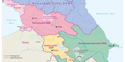 Karte: Der Südkaukasus nach der Auflösung der Transkaukasischen SFSR 1936
