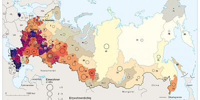 Karte: Russländische Föderation: Bevölkerung und Einwohnerdichte 2021