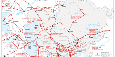 Karte: Zentralasien: Gasfelder- und Pipelines