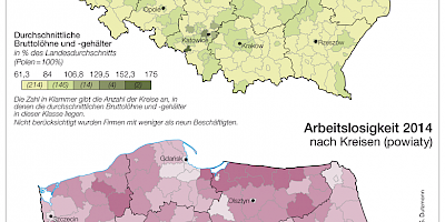 Karte: Polen: Arbeitslosigkeit und Einkommen 2014