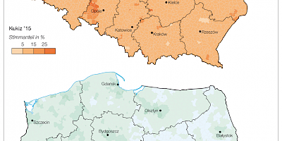 Karte: Polen: Wahlen zum Sejm 2015 – Stimmenanteil von Kukiz und Nowoczesna