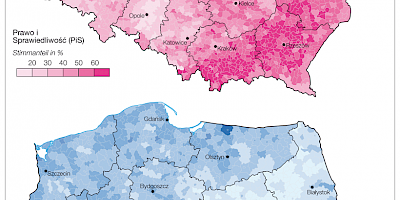 Karte: Polen: Wahlen zum Sejm 2015 – Stimmenanteil von PiS und PO