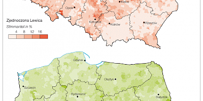 Karte: Polen: Wahlen zum Sejm 2015 – Stimmenanteil der Zjednoczona Lewica und PSL